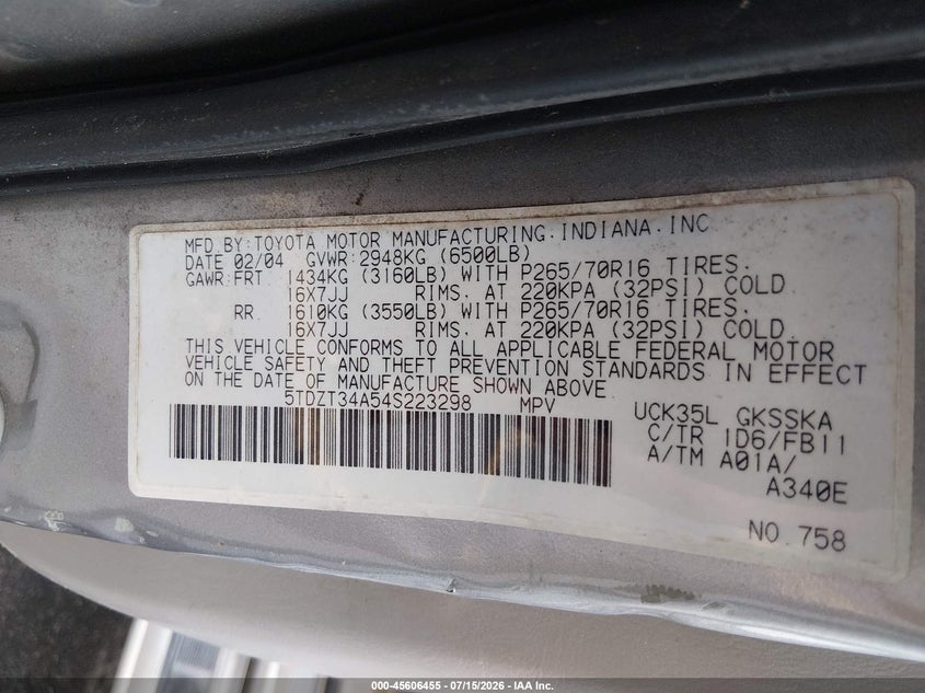 2004 Toyota Sequoia Sr5 V8 VIN: 5TDZT34A54S223298 Lot: 45606455