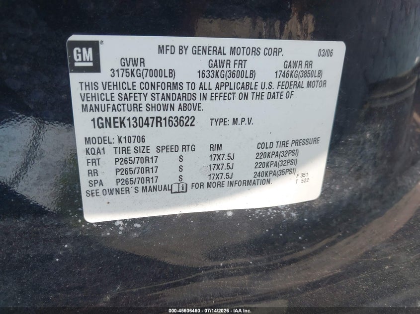 2007 Chevrolet Tahoe Ls VIN: 1GNEK13047R163622 Lot: 45606460