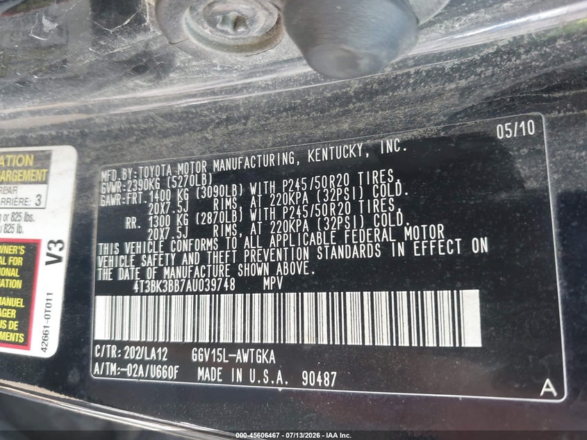 2010 Toyota Venza Base V6 VIN: 4T3BK3BB7AU039748 Lot: 45606467