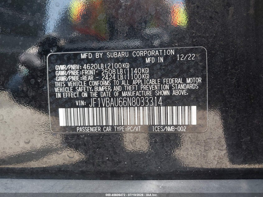 2022 Subaru Wrx Gt VIN: JF1VBAU66N8033314 Lot: 45606472