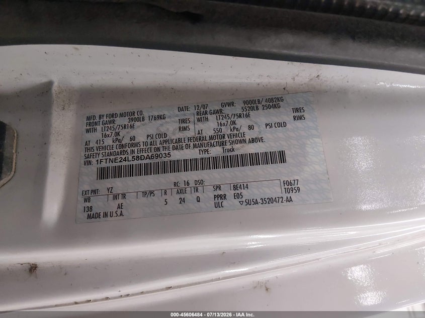 2008 Ford E-250 Commercial/Recreational VIN: 1FTNE24L58DA69035 Lot: 45606484