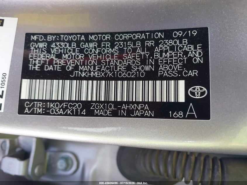2019 Toyota C-Hr Le VIN: JTNKHMBX7K1060210 Lot: 45606496