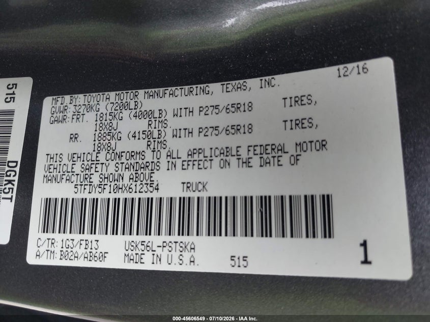 2017 Toyota Tundra Sr5 5.7L V8 VIN: 5TFDY5F10HX612354 Lot: 45606549