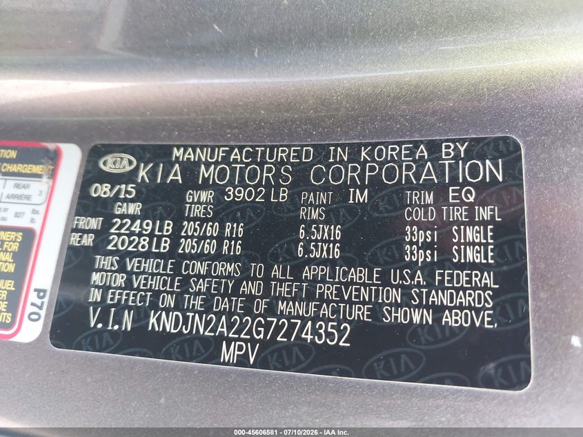 2016 Kia Soul VIN: KNDJN2A22G7274352 Lot: 45606581