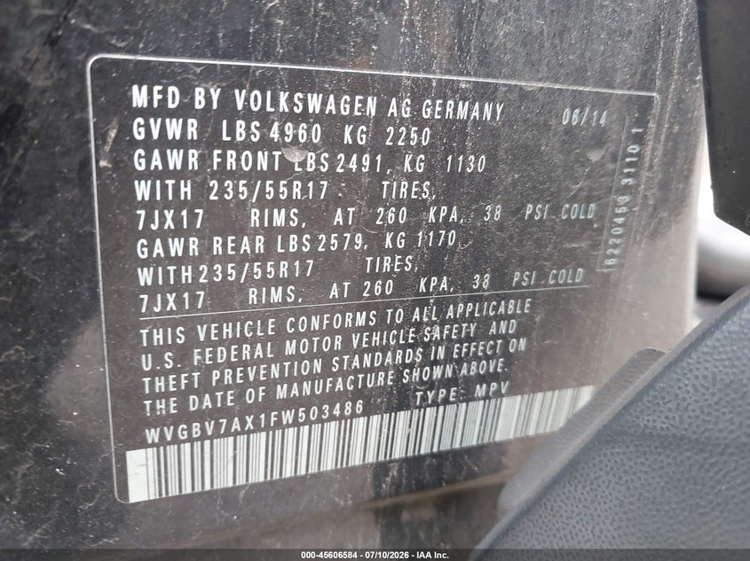 2015 Volkswagen Tiguan Se VIN: WVGBV7AX1FW503486 Lot: 45606584