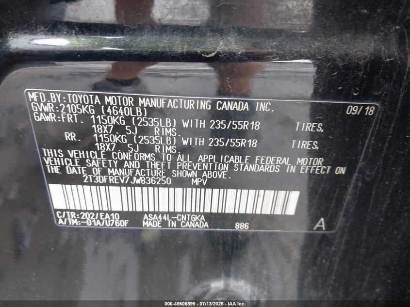 TOYOTA RAV4 2018 VIN 2T3DFREV7JW836250
