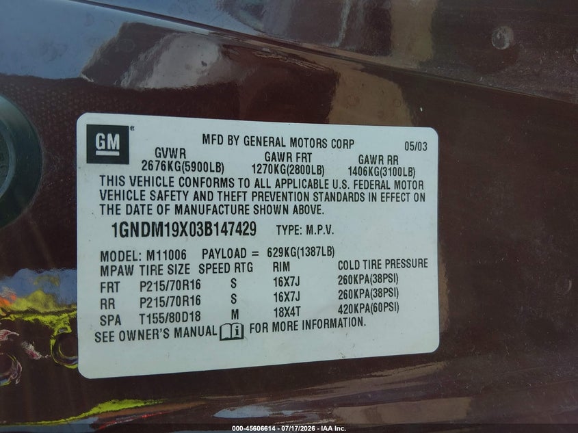 2003 Chevrolet Astro Passenger VIN: 1GNDM19X03B147429 Lot: 45606614