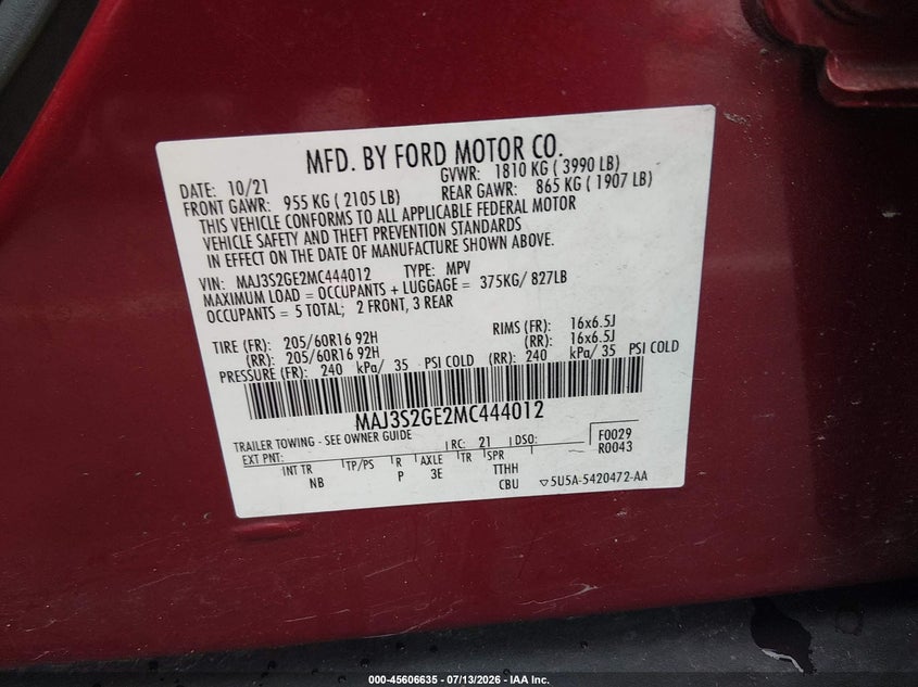 2021 Ford Ecosport Se VIN: MAJ3S2GE2MC444012 Lot: 45606635