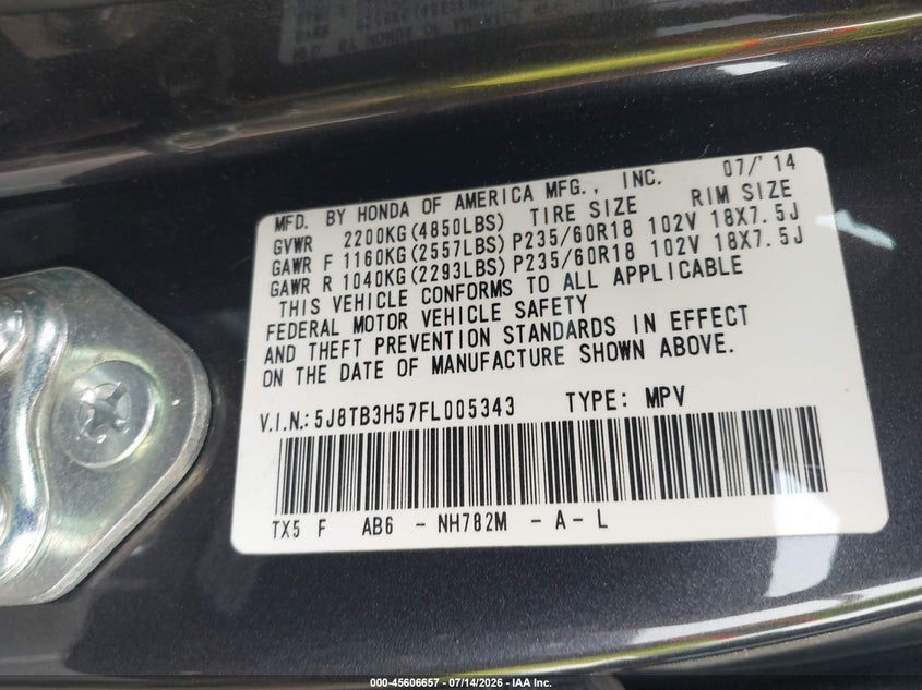 2015 Acura Rdx VIN: 5J8TB3H57FL005343 Lot: 45606657