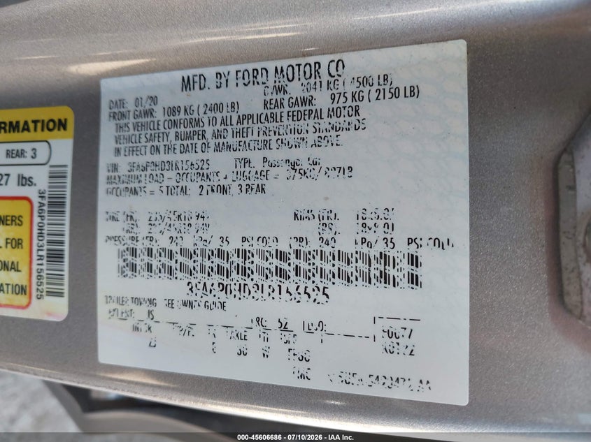 VIN 3FA6P0HD3LR156525 2020 FORD FUSION SE