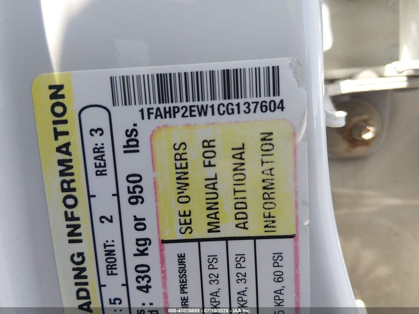 FORD TAURUS 2012 VIN 1FAHP2EW1CG137604