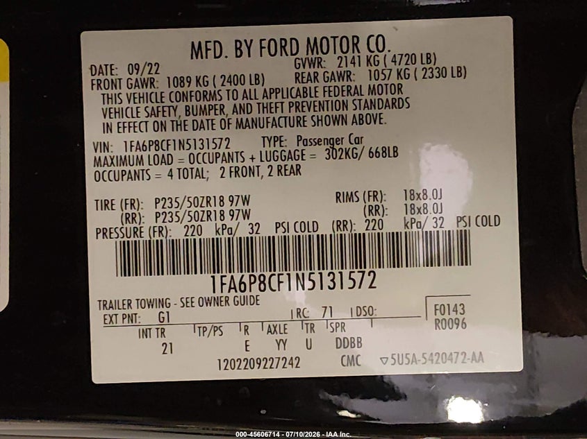 2022 FORD MUSTANG COUPE 5.0L V-8 DI, DOHC, VVT, 450HP