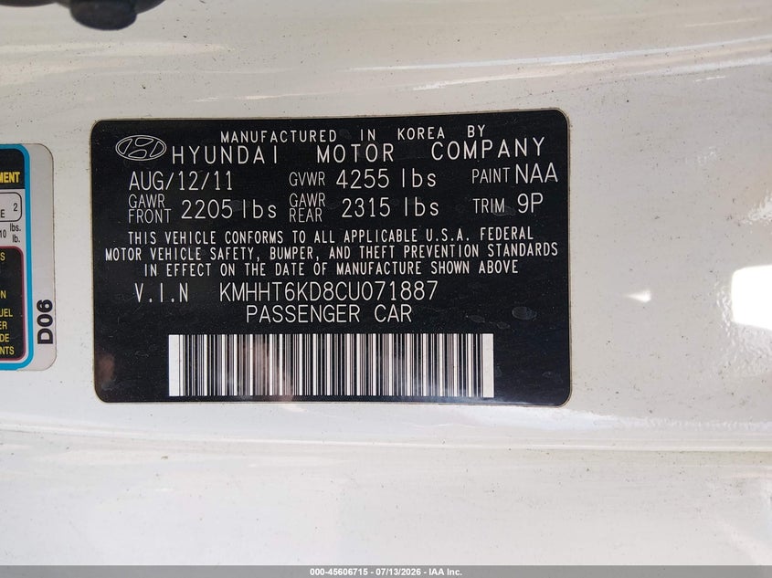 2012 Hyundai Genesis 2.0T VIN: KMHHT6KD8CU071887 Lot: 45606715