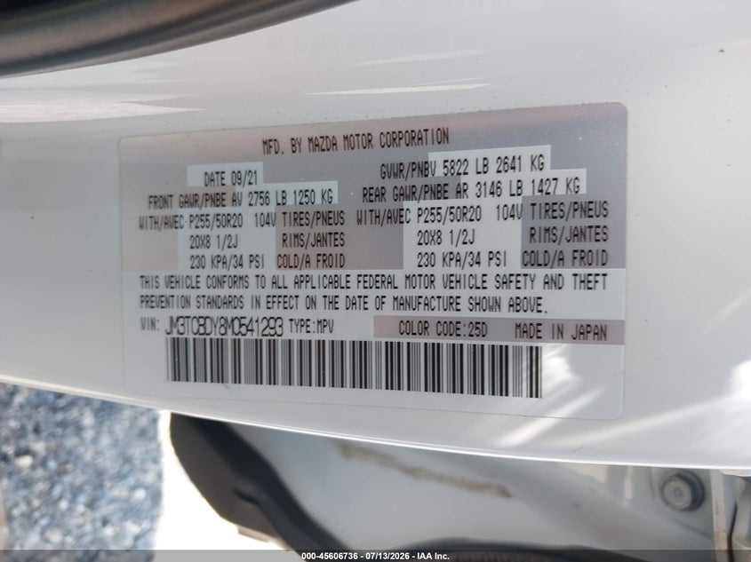 2021 Mazda Cx-9 Grand Touring VIN: JM3TCBDY8M0541293 Lot: 45606736