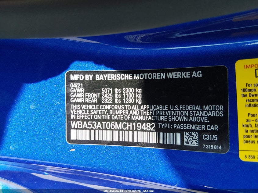 2021 BMW M440I VIN: WBA53AT06MCH19482 Lot: 45606743