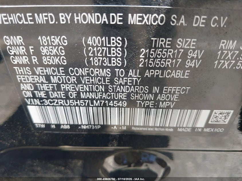 2020 Honda Hr-V 2Wd Ex VIN: 3CZRU5H57LM714549 Lot: 45606760