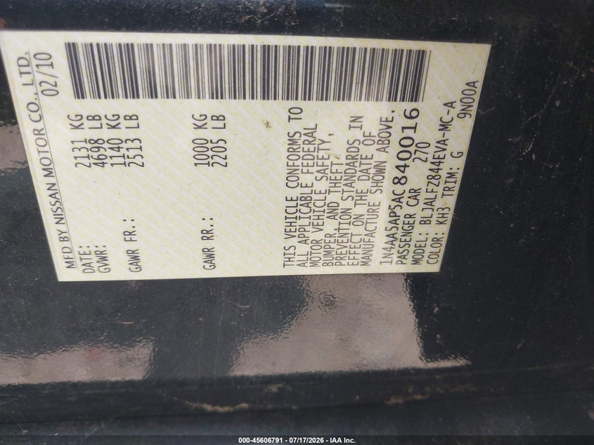 2010 Nissan Maxima 3.5 Sv VIN: 1N4AA5AP5AC840016 Lot: 45606791