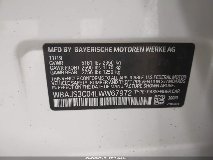 2020 BMW 540I xDrive VIN: WBAJS3C04LWW67972 Lot: 45606807