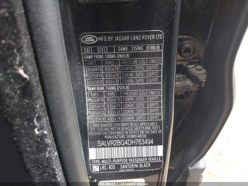2013 Land Rover Range Rover Evoque Pure VIN: SALVR2BG4DH763494 Lot: 45606811