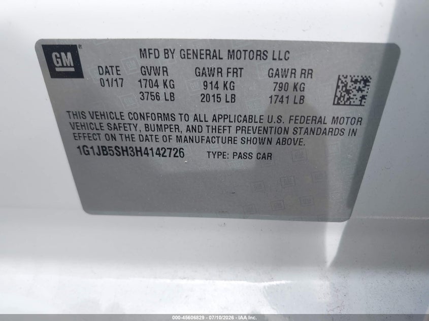 2017 Chevrolet Sonic Ls Auto VIN: 1G1JB5SH3H4142726 Lot: 45606829