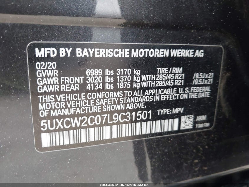 2020 BMW X7 xDrive40I VIN: 5UXCW2C07L9C31501 Lot: 45606861
