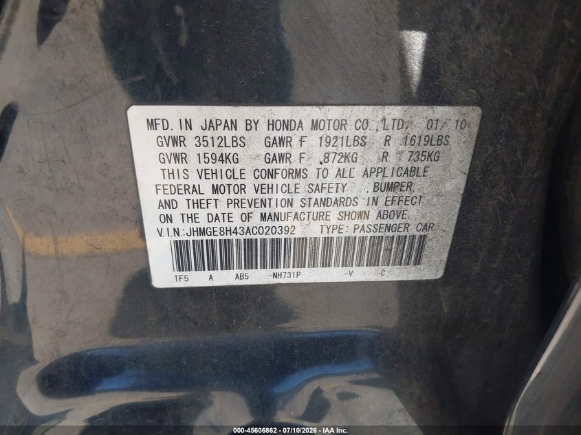 2010 Honda Fit Sport VIN: JHMGE8H43AC020392 Lot: 45606862