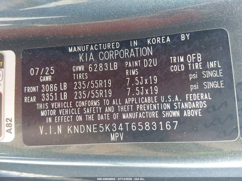 2026 Kia Carnival Mpv Sx Prestige VIN: KNDNE5K34T6583167 Lot: 45606865