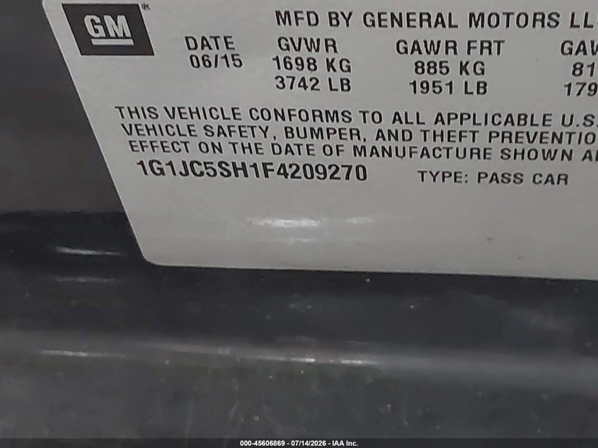 2015 Chevrolet Sonic Lt Auto VIN: 1G1JC5SH1F4209270 Lot: 45606869