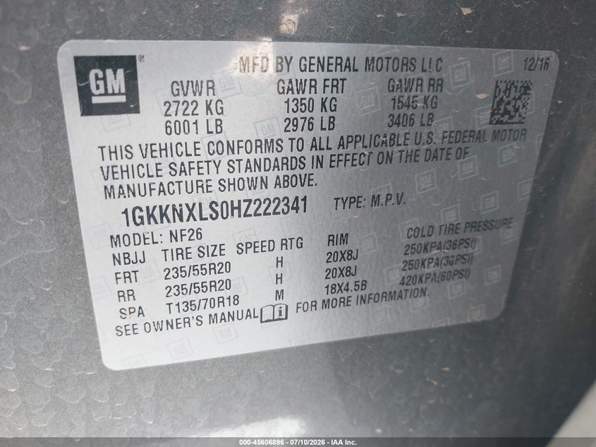 GMC ACADIA 2017 VIN 1GKKNXLS0HZ222341
