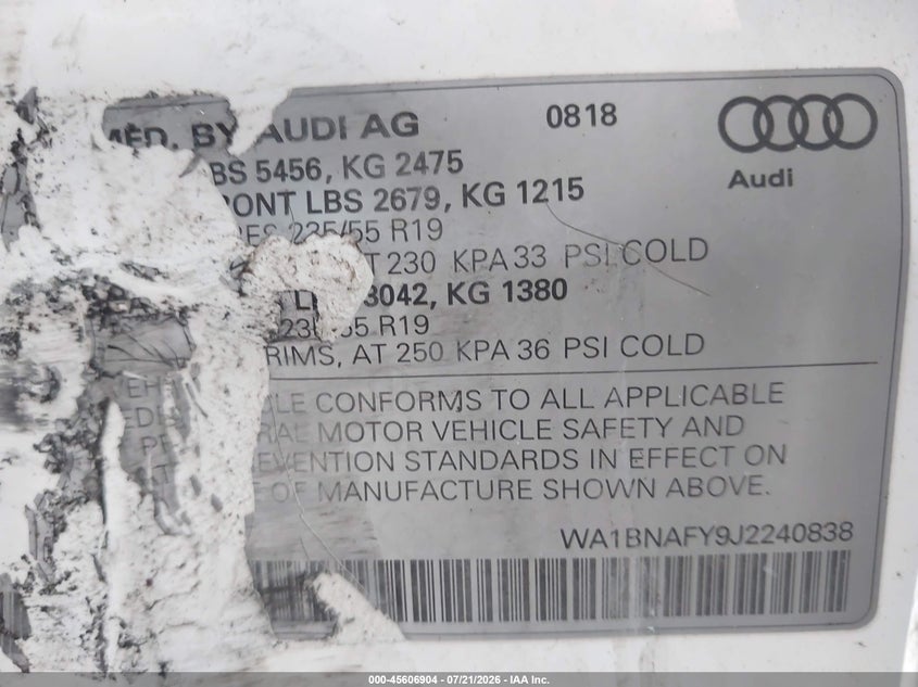 2018 Audi Q5 2.0T Premium/2.0T Tech Premium VIN: WA1BNAFY9J2240838 Lot: 45606904