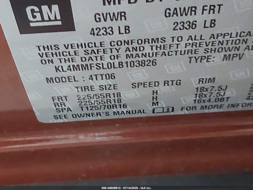 2020 Buick Encore Gx Fwd Essence VIN: KL4MMFSL0LB103826 Lot: 45606912