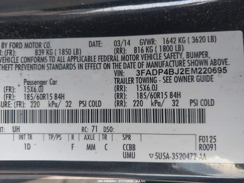 2014 Ford Fiesta Se VIN: 3FADP4BJ2EM220695 Lot: 45606941