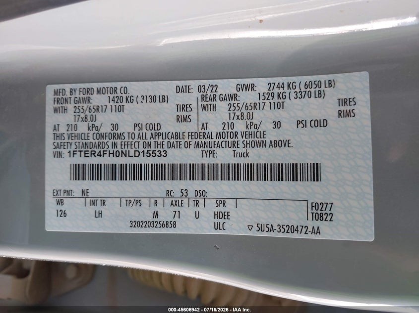 2022 Ford Ranger Xlt VIN: 1FTER4FH0NLD15533 Lot: 45606942