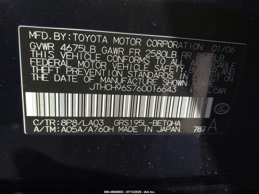 2006 Lexus Gs 300 VIN: JTHCH96S760016643 Lot: 45606953