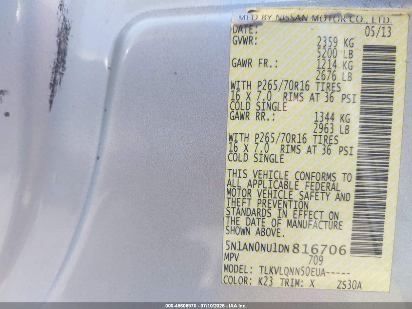 2013 Nissan Xterra X VIN: 5N1AN0NU1DN816706 Lot: 45606970