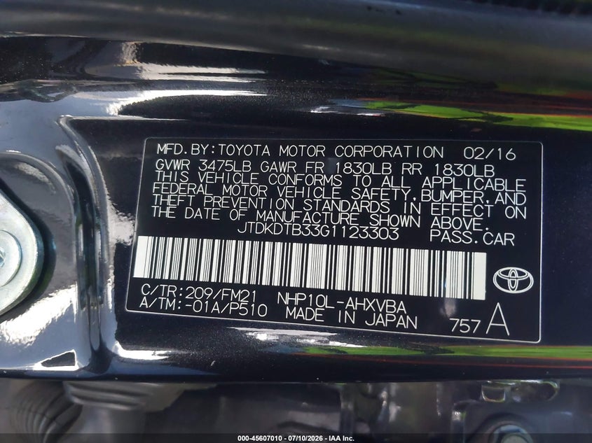 2016 Toyota Prius C Two VIN: JTDKDTB33G1123303 Lot: 45607010