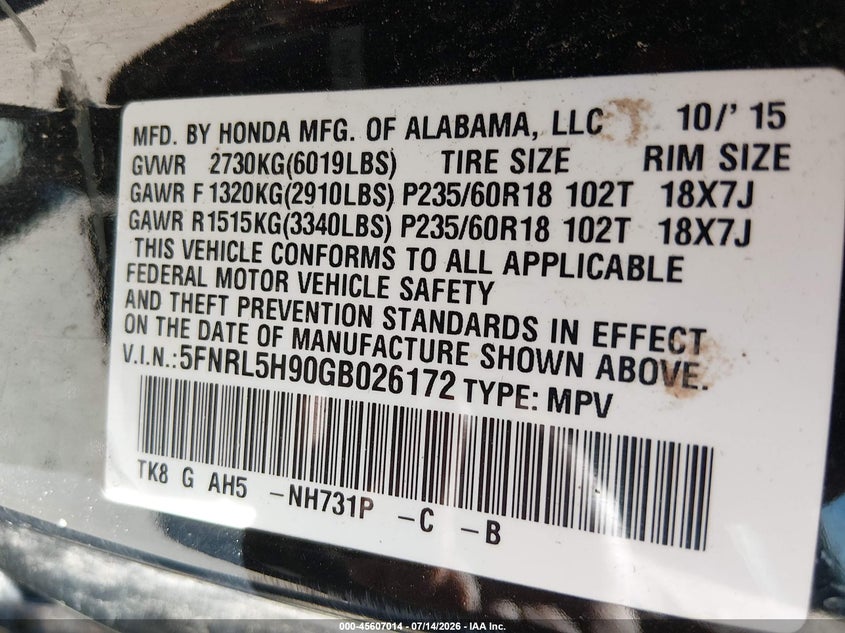 2016 Honda Odyssey Touring/Touring Elite VIN: 5FNRL5H90GB026172 Lot: 45607014