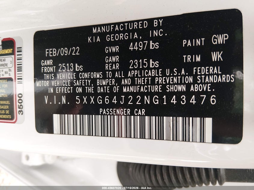 2022 Kia K5 Gt-Line VIN: 5XXG64J22NG143476 Lot: 45607020