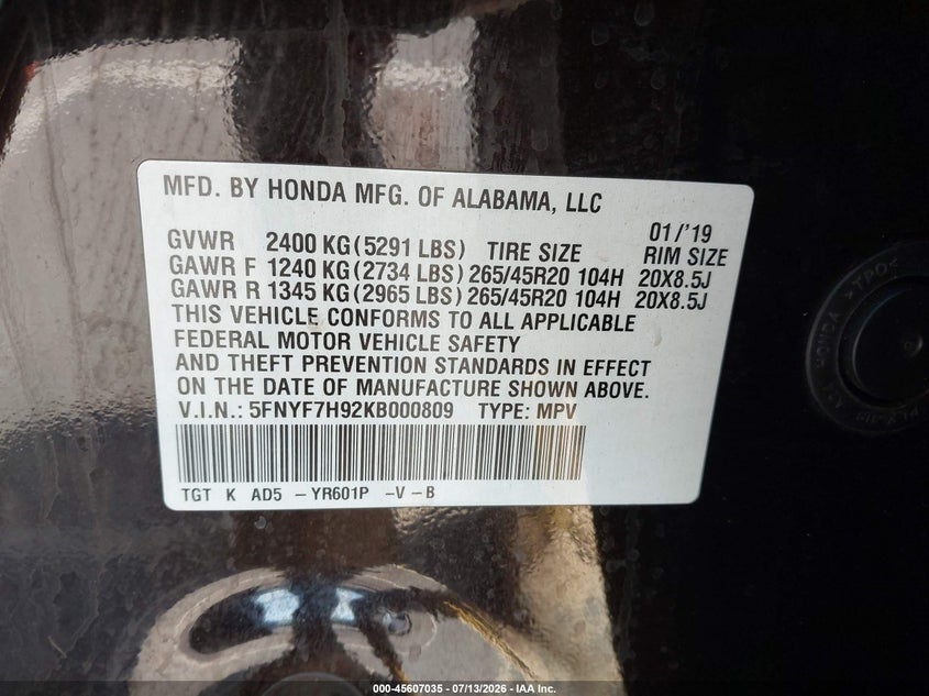 2019 Honda Passport Touring VIN: 5FNYF7H92KB000809 Lot: 45607035