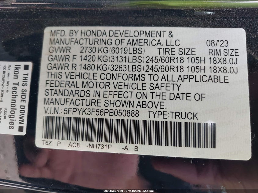 2023 Honda Ridgeline Rtl VIN: 5FPYK3F56PB050888 Lot: 45607059