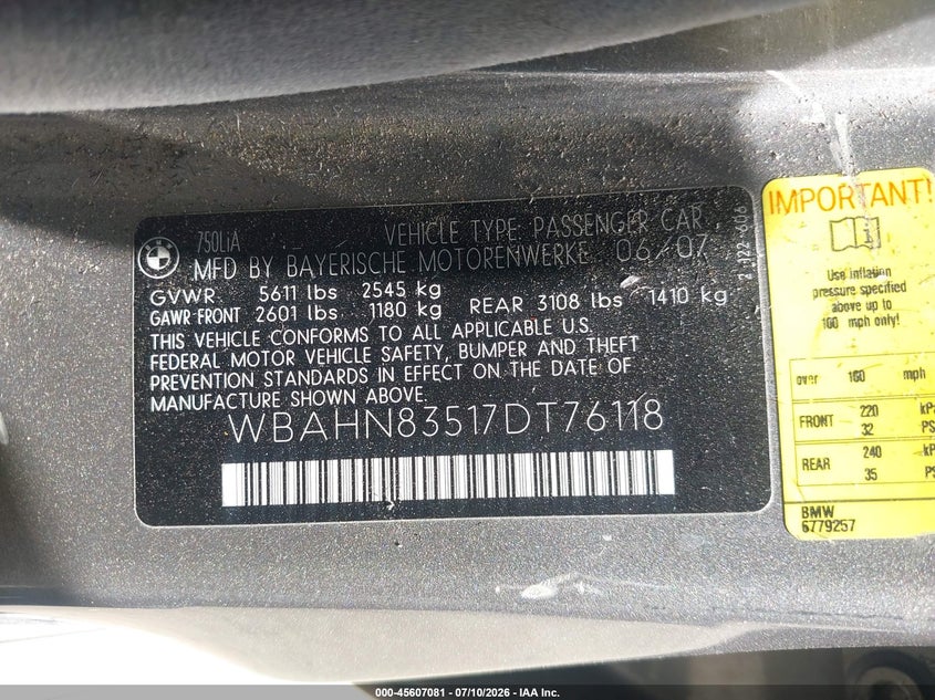 2007 BMW 750Li VIN: WBAHN83517DT76118 Lot: 45607081