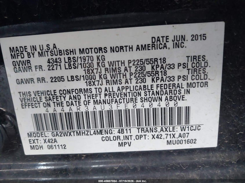 2015 Mitsubishi Outlander Sport Es VIN: 4A4AR3AU3FE040400 Lot: 45607084