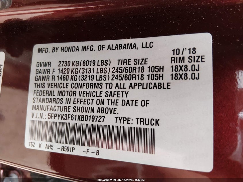 2019 Honda Ridgeline Rtl-T VIN: 5FPYK3F61KB019727 Lot: 45607109