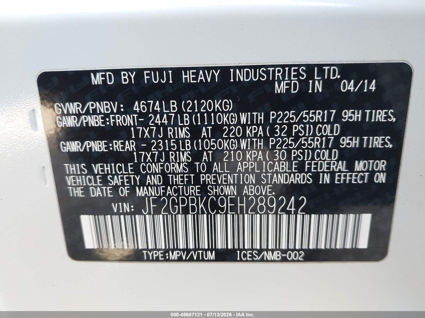 2014 SUBARU XV SPORT UTILITY VEHICLE 2.0L H-4 DOHC, VVT, 148HP