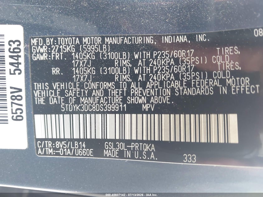 2013 Toyota Sienna Xle V6 8 Passenger VIN: 5TDYK3DC8DS399911 Lot: 45607142