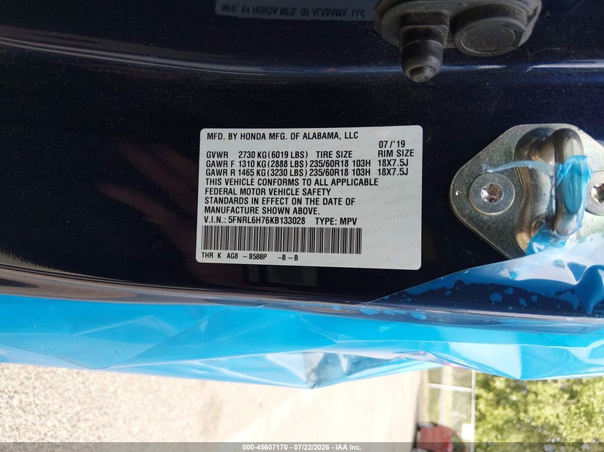 HONDA ODYSSEY 2019 VIN 5FNRL6H76KB133028