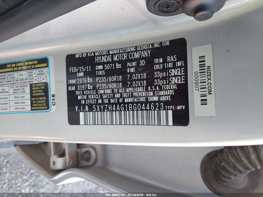 2011 Hyundai Santa Fe Se VIN: 5XYZH4AG1BG044623 Lot: 45607187