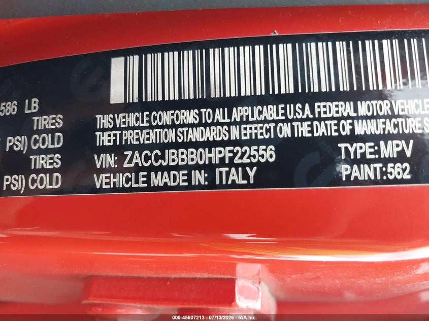 JEEP RENEGADE 2017 VIN ZACCJBBB0HPF22556
