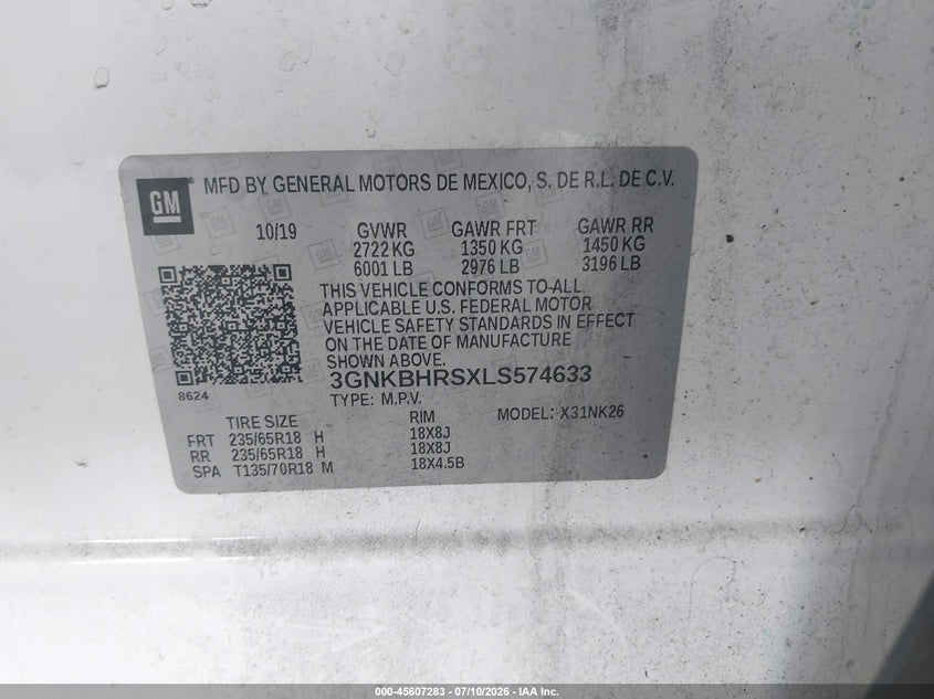2020 Chevrolet Blazer Awd 2Lt VIN: 3GNKBHRSXLS574633 Lot: 45607283