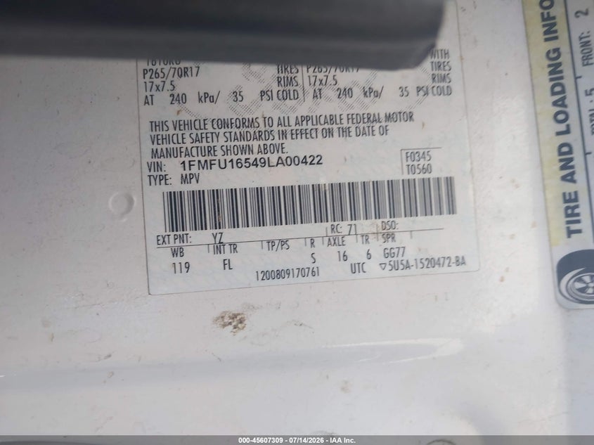 2009 Ford Expedition Xlt VIN: 1FMFU16549LA00422 Lot: 45607309